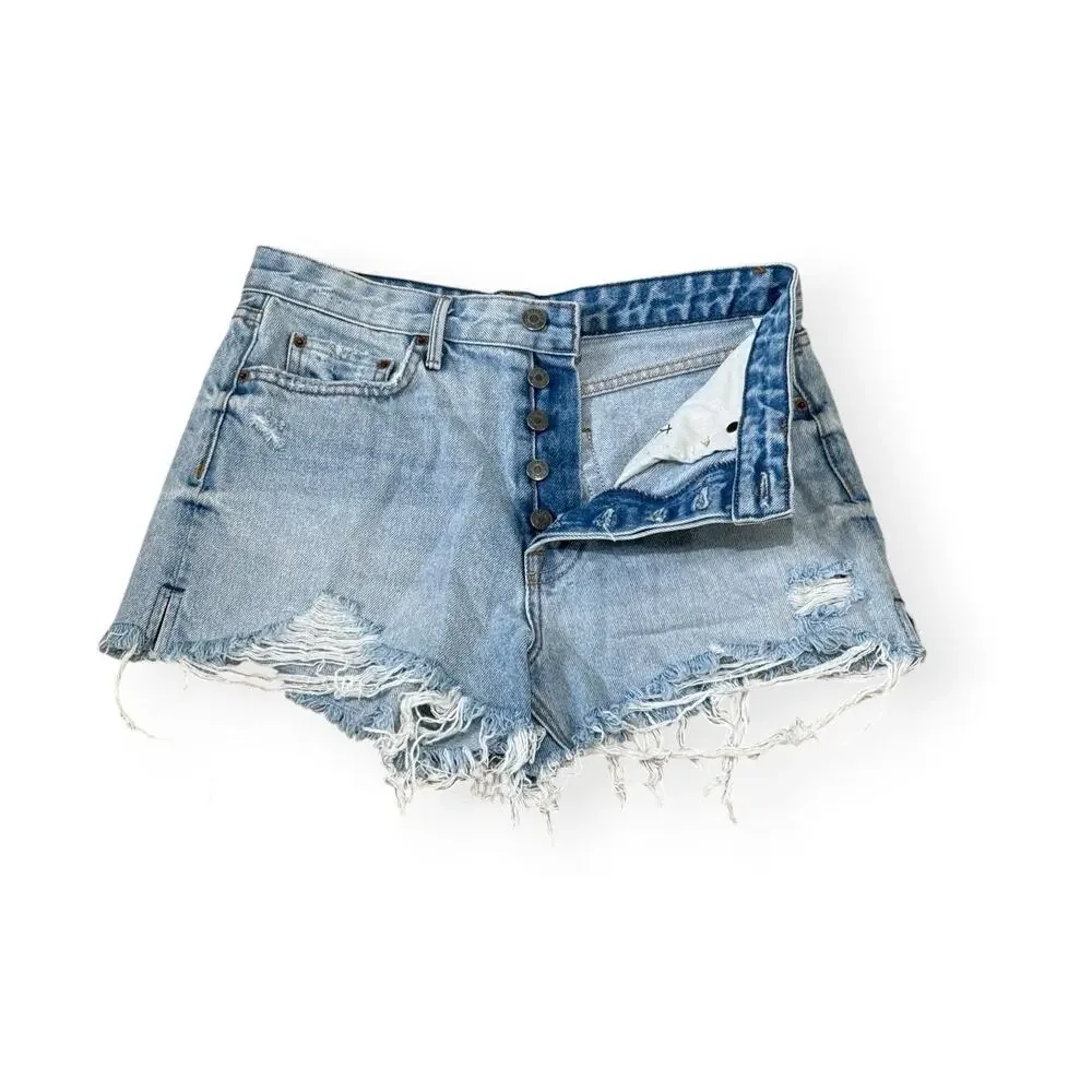 GRLFRND Helena High Rise Cut Off Denim Shorts 27 Never Catch Me Button Fly